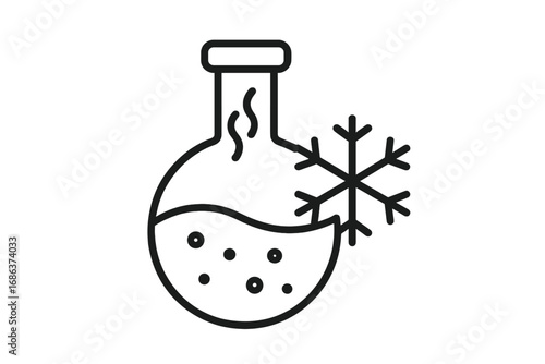 Laboratory science experiment flask with bubbles and snowflake symbolizing cold chemical reactions. Vector black line icon for web sites, books, cards, apps. Isolated cartoon illustration.
