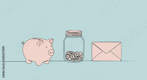 piggy bank, savings jar, and cash envelope