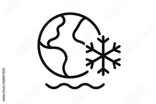 Minimalist Thin Line Icon of Global Cooling Concept with Earth, Snowflake, and Wave Elements for Web, Graphic Design, Apps, Banners, Social Media, and Environmental Awareness Vector
