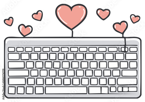 Hand-drawn computer keyboard with pink hearts representing digital communication and online affection
