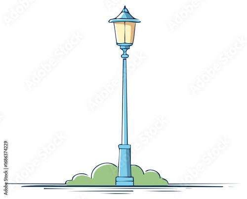 Stylized Street Lamp with Bushes Illustration Blue Vintage Light Post