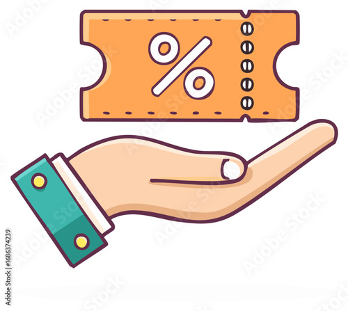 Hand offering discount coupon with percentage sign for promotion or retail marketing concept