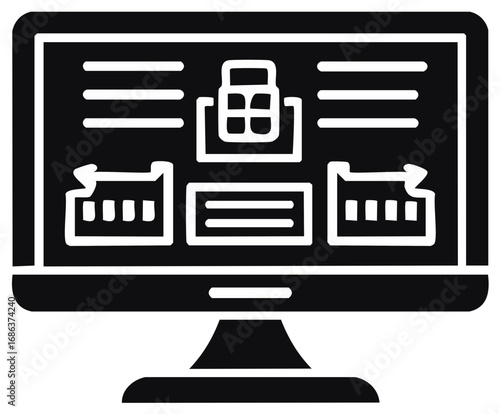 Computer monitor displaying dashboard with charts and calculator icon