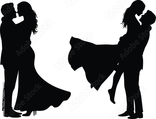 Silhouettes of a couple sharing a romantic moment, embracing in a kiss, with one partner lifting the other, captured in elegant evening wear