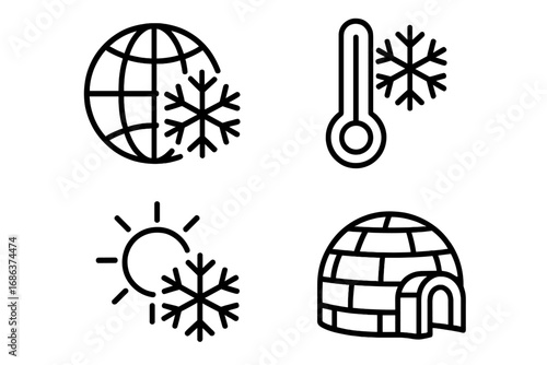 Global Cooling Concept Outline Icons for Graphic Design and Web, Climate Change, Environmental Awareness, Frost, Snowflake, Thermometer, Igloo, Weather, Seasonal Symbols, Vector Cartoon Set