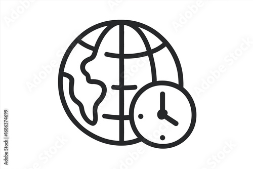 Global time zone world clock vector icon outline, international watch symbol, Earth map isolated graphic for app interface, website design, travel planner, communication, business, technology