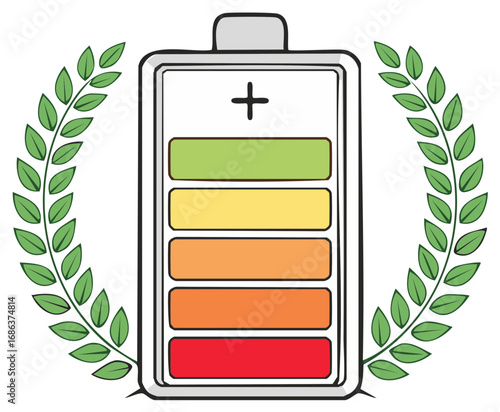 Battery charging indicator with green leaf branches symbolizing energy saving and environmental consciousness