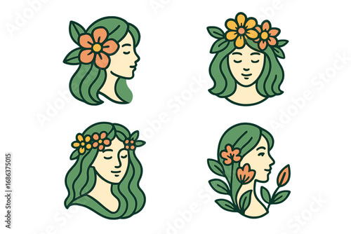 Woman face logo floral beauty. Girl head with flowers icon set. Natural cosmetic spa salon symbol. Vector character illustration. Feminine profile with green hair leaf wreath.