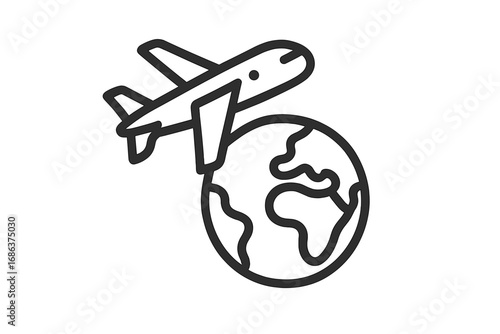 Airplane Flying Over Earth Minimalist Outline Icon. Global Travel, International Flight, Tourism. Vector Illustration for Web, Mobile App, Banner, Social Network, Card. World Map, Journey Concept