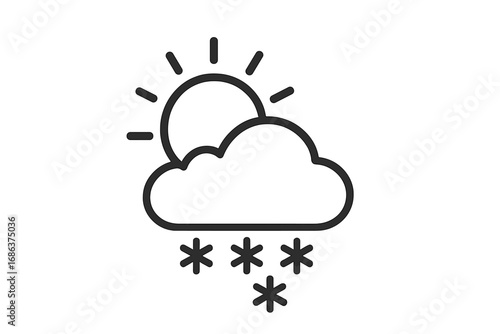 Weather forecast icon with sun, cloud, and snow. Sunny day with light snowfall. Minimalistic line symbol for web and graphic design, apps, and print. Vector winter illustration.