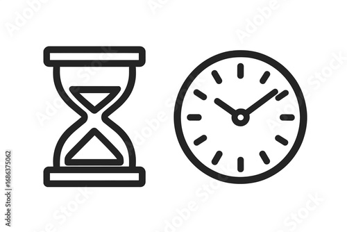 Minimalistic hourglass and clock icon set. Modern time management pictogram for web design, apps, banners, social media, and business cards. Cartoon vector illustration with transparent background.