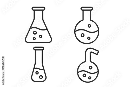Laboratory glassware outline vector set. Simple linear collection of science equipment. Editable stroke icons for chemistry, biology, physics, school, web, books, cards, apps, transparent background.