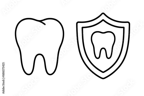 Dental health protection symbol. Tooth line icon and shield defense concept. Preventive dentistry outline vector illustration. Oral care, insurance, medical safety, hygiene graphic for apps and web.