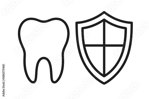 Dental health protection icon. Tooth and shield outline. Oral care, cavity prevention, dental insurance symbol. Vector cartoon illustration. Clean teeth hygiene service concept for apps and graphics.