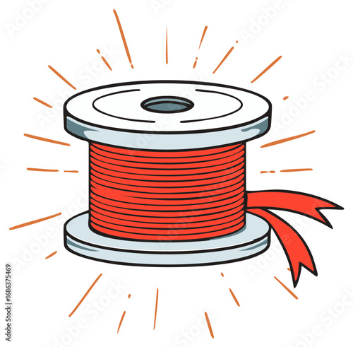 Brightly Wrapped Spool of Red Thread with Ribbon and Light Rays
