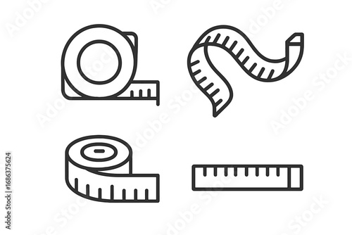 Measuring tape and ruler outline icons set for web, app, book, card design. Editable stroke vector illustration for crafts, DIY, sewing, construction, home decor, education, architecture.