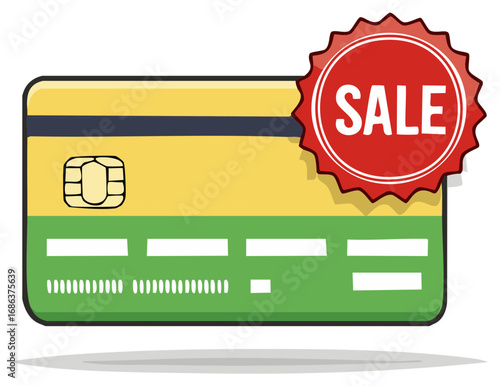 Credit card with a red sale sticker vector icon for shopping promotions and special offers