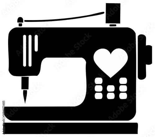 Minimalist Black Sewing Machine Icon with Heart Symbol for Crafting and DIY Projects