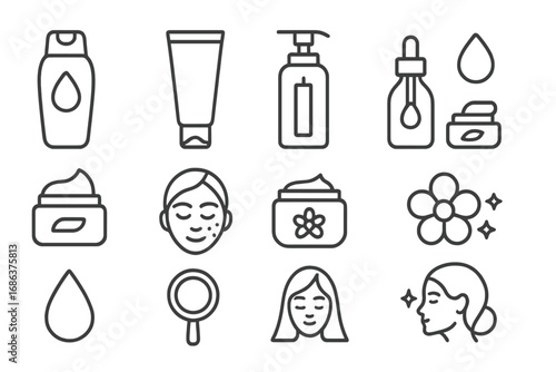 Minimalist Line Icons Set for Skincare, Beauty Products, Self-Care Routine, Facial Cleansing, Cream Bottles, Cosmetics Packaging, Wellness Concept, Web and App Design, Social Media, Banners, Cards