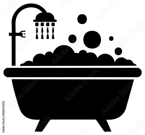 Bathtub with overflowing bubbles and running shower water icon simple vector art