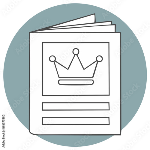 Clean line art drawing of an open book or magazine displaying a royal crown and text layout