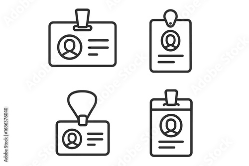 Employee ID badge outline icon set. Identification card with photo, name tag, access card. Personal staff identity, corporate security symbol. Vector pass authorization.