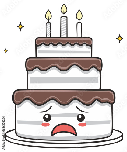 Cartoon sad three tier celebration cake with lit candles and unhappy facial expression