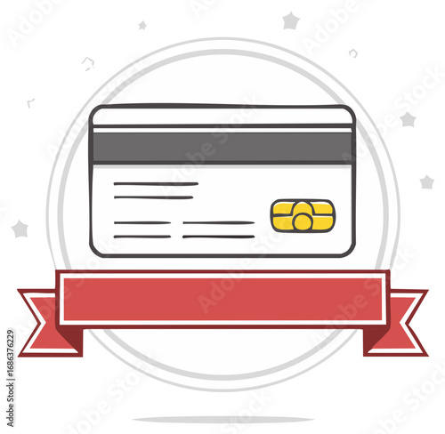 Hand drawn doodle illustration of a credit card with a blank red ribbon banner for text