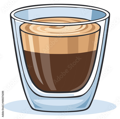 Vibrant vector illustration of a dark espresso coffee shot in a modern double wall glass