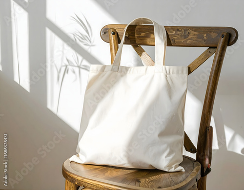 Blank Canvas Tote Bag Mockup Hanging on Wooden Chair, Soft Natural Shadow, Editable Fabric Design