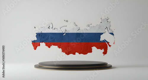 Russian Federation map with textured flag design displayed on a minimalist, modern pedestal. Geopolitical representation of Russia with national colors.