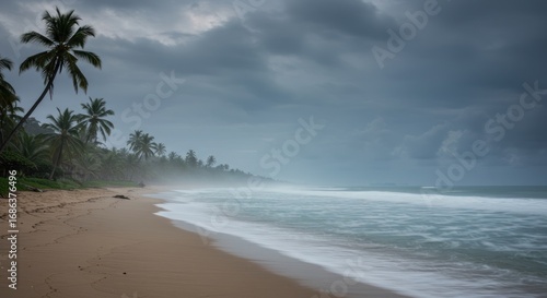 Stormy tropical beach with palm trees and crashing waves under a cloudy sky, evoking a sense of dramatic natural beauty