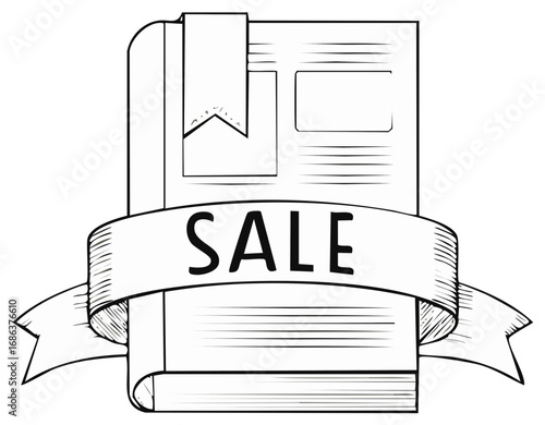 Book with bookmark and Sale text on a decorative ribbon banner line art illustration