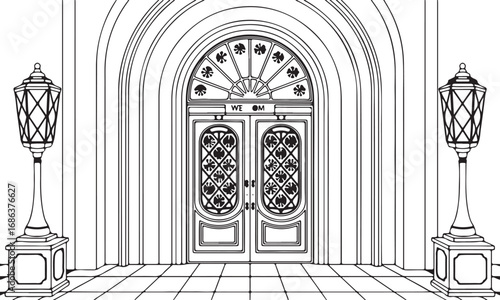 Elegant Entrance Doorway with Lanterns Architectural Drawing in Black and White Style