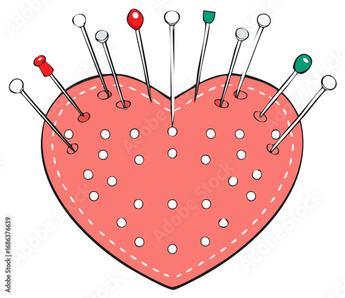 Heart shaped pincushion and pins, sewing supplies illustration