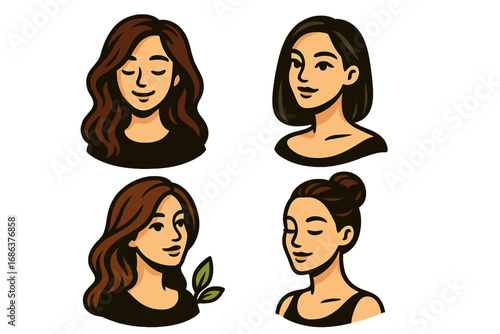 Set of beautiful women face portraits with different hairstyles for beauty salon, spa, cosmetic logo. Vector cartoon illustration collection of female head avatars or characters.