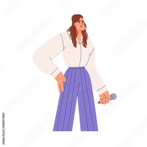 Woman with microphone. Female singer, performer standing and holding mic for singing. Unemotional artist with mike in hand, neutral expression. Flat vector illustration isolated on white background