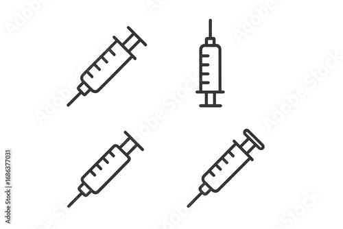 Syringe line icons set. Minimalistic medical syringe linear pictogram for web, graphic design, mobile apps, banners, healthcare social media, vaccination campaign, vector illustration collection