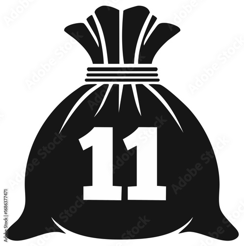 Number 11 in a knotted bag symbol for money, luck, or gift. Monochrome illustration.