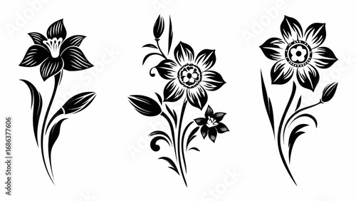 Elegant black floral designs with blooming daffodils and buds create timeless beauty for your projects