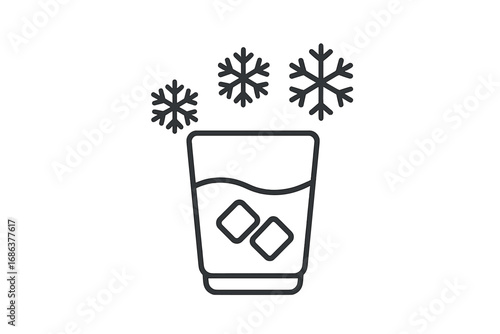 Cold drink with ice cubes and snowflakes icon. Frozen beverage concept for winter season refreshment. Chilled cocktail or water in a glass. Minimal vector line art for menu or bar.