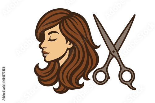 Beauty salon logo with woman's face and scissors. Hairdresser vector icon. Female profile with beautiful brown hair for hairstylist branding, spa, or barbershop identity.