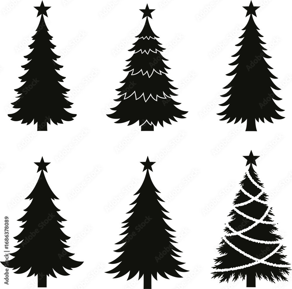 Obraz premium Six Christmas Tree Silhouettes with Star Toppers Minimal Vector