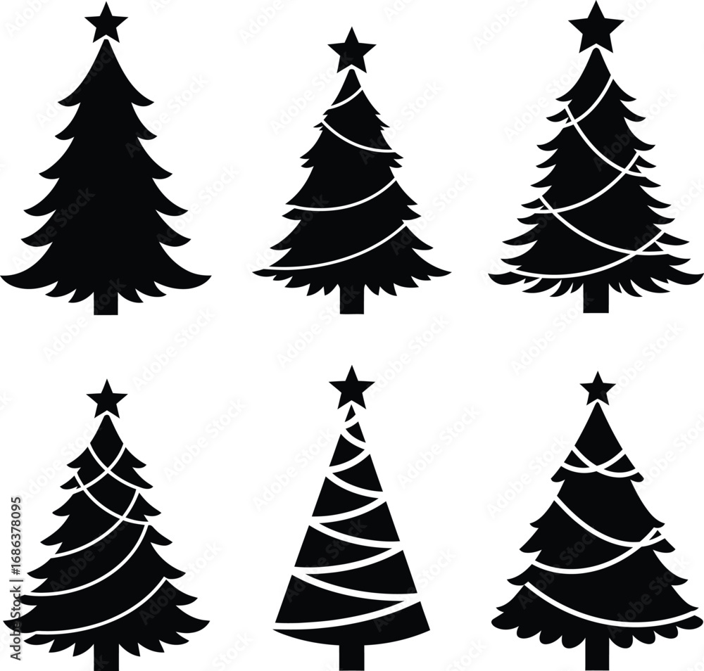 Obraz premium Six Christmas Tree Silhouettes with Star Toppers Minimal Vector