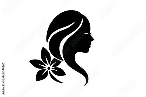 Beautiful woman face silhouette with a flower. Vector logo design concept for a beauty salon, spa, cosmetics, or wellness center. Elegant and feminine natural beauty icon.