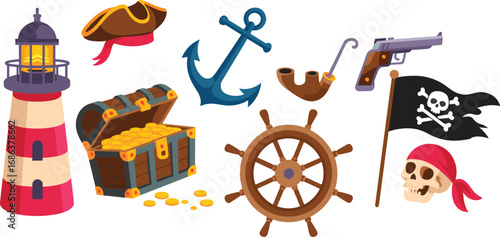 Vector illustration of pirate elements including a treasure chest, anchor, gun, pirate flag, lighthouse, and ship wheel, perfect for pirate-themed designs.