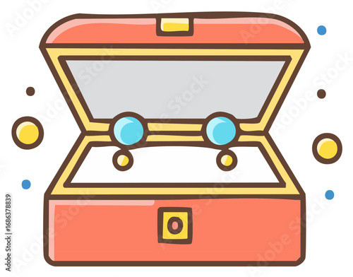 Colorful open treasure chest with earrings and decorative details. Vector illustration.