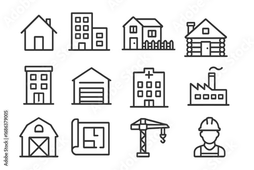 Real estate and construction editable stroke line icon set. Architecture and building vector collection with house, apartment, factory, hospital, barn, crane, and builder icons.