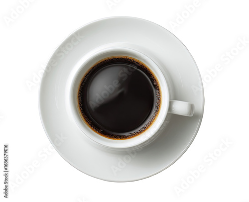 Overhead view of a cup of black coffee.  A rich, dark liquid fills a white ceramic cup, resting on a matching saucer.  Clean, simple, and elegant