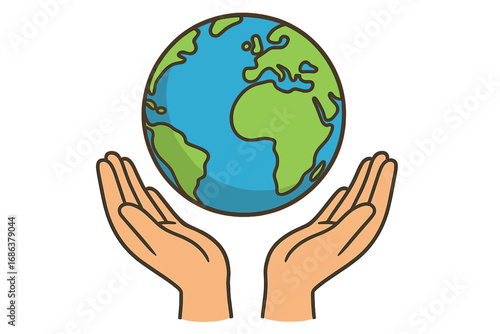 Hands holding planet Earth vector cartoon. Globe care icon. Save the planet concept. Environmental conservation, global community, peace, charity and support symbol.